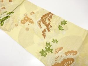 アンティーク　地紙に笠松・菊・楓模様織り出し袋帯（材料）